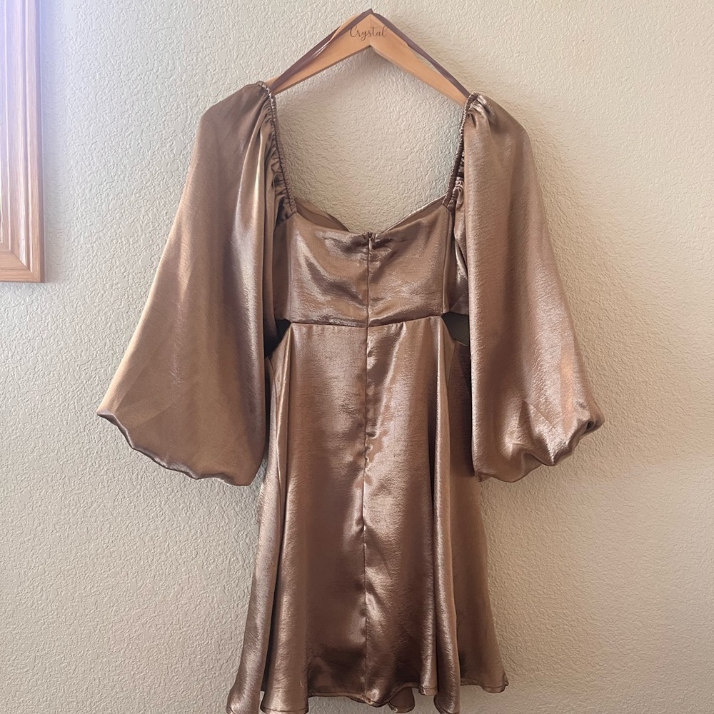 She + Sky Women’s Mini Dress with Puff Sleeve and Cut Outs (Champagne Gold color - Picture 9 of 13